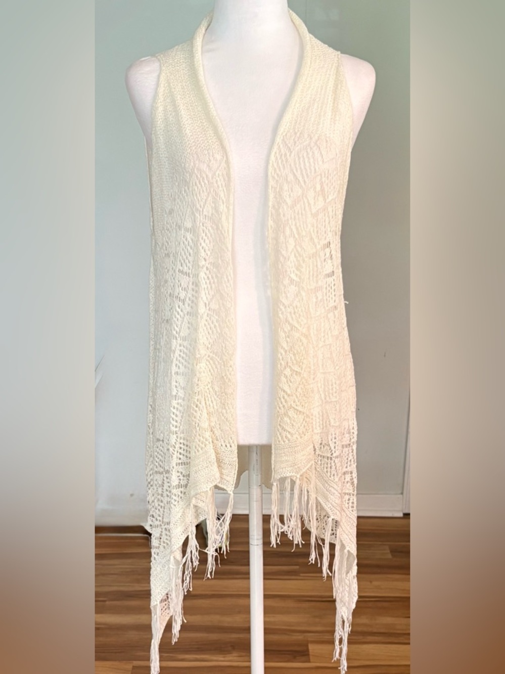 NEW! Boho Pointelle Shawl Vest, Tassel Fringe Ivory Lightweight Knit, Size M